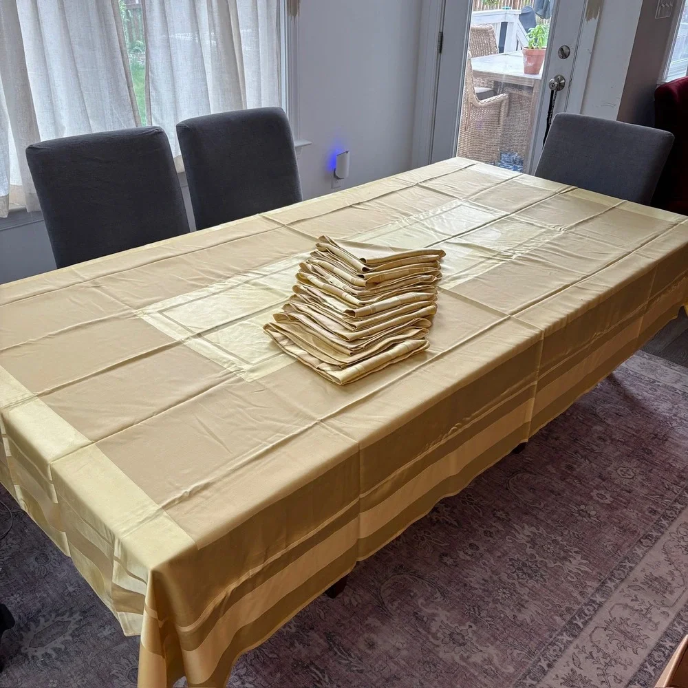 Champagne Gold Satin Stripe Tablecloth and 12 Matching Napkins Dining Set